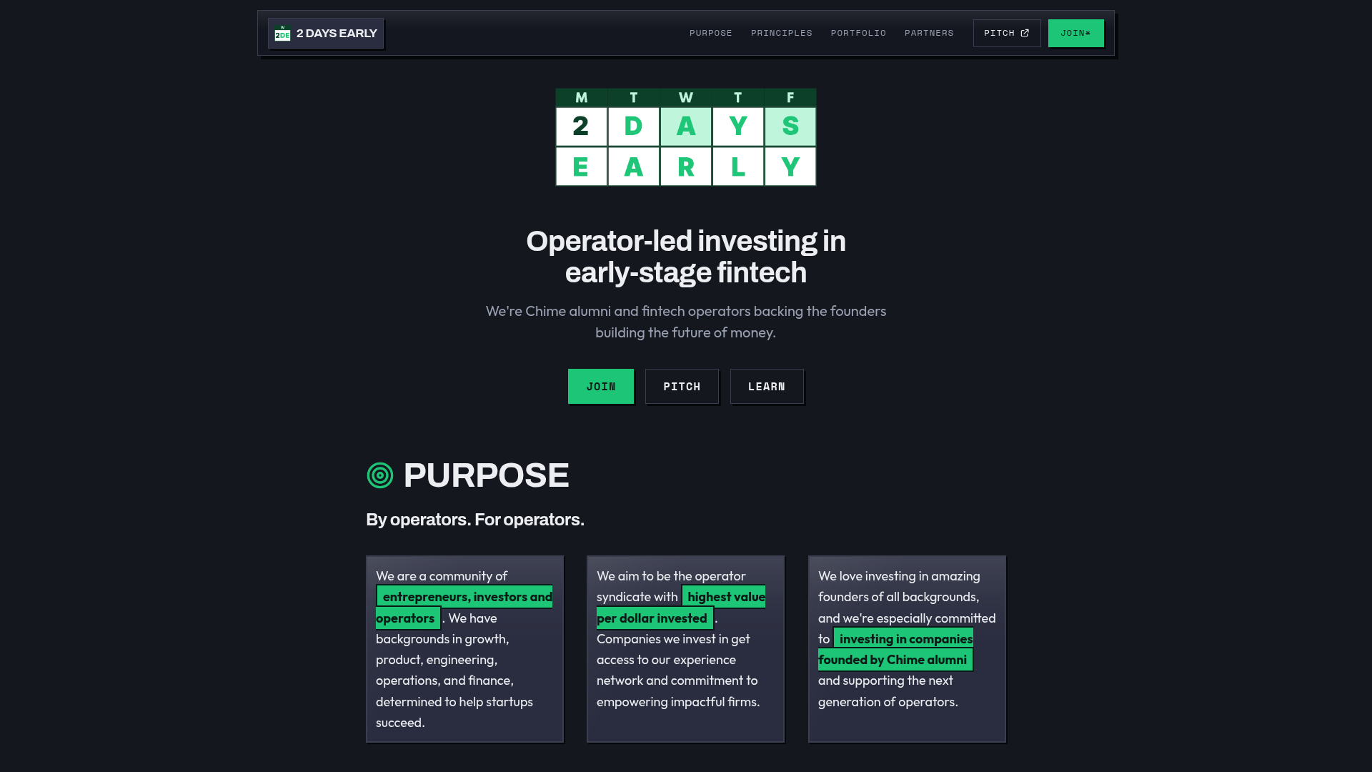 Screenshot of 2daysearly.xyz, a venture-fund site built on Structured Liquidity