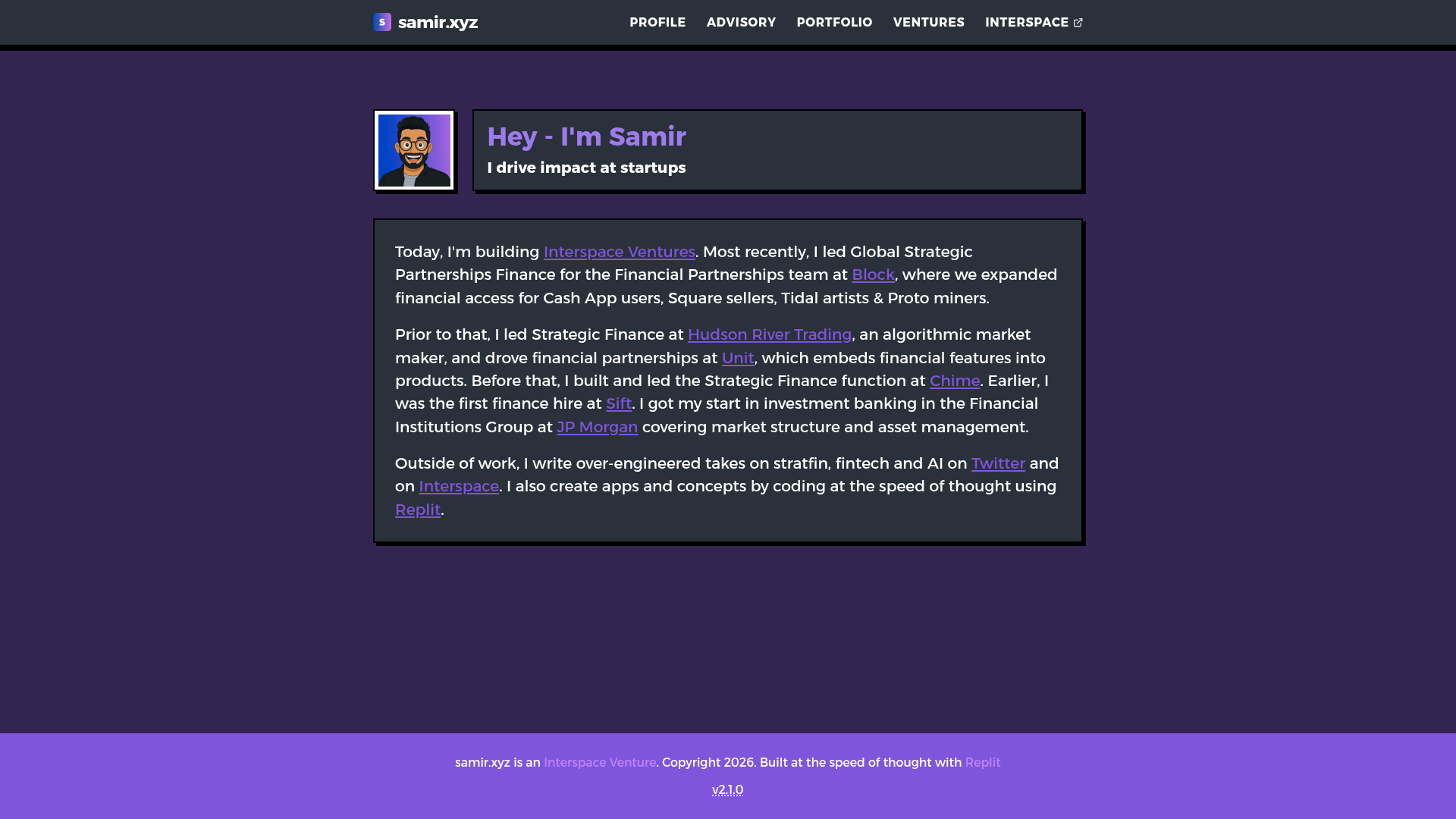 Screenshot of samir.xyz, a personal site built on Structured Liquidity